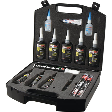 The Sparex Engineers Kit 15 pcs - S.24136 is housed in a reinforced plastic case and includes a variety of adhesive products such as bottles, tubes, and an applicator gun, all securely organized in foam padding.