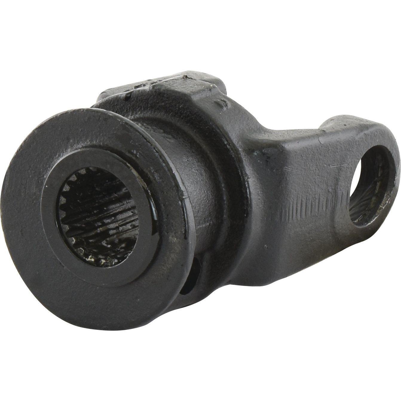 A black, cylindrical metal mechanical component from Sparex, known as the PTO Yoke - Quick Release (U/J Size: 30.2 x 79.4mm) with a 1 3/8''-21 spline and internal gear teeth, features a looped attachment point and is designed for optimal performance in demanding applications. Its Sparex Part No.S.24263 ensures reliable identification and usage.