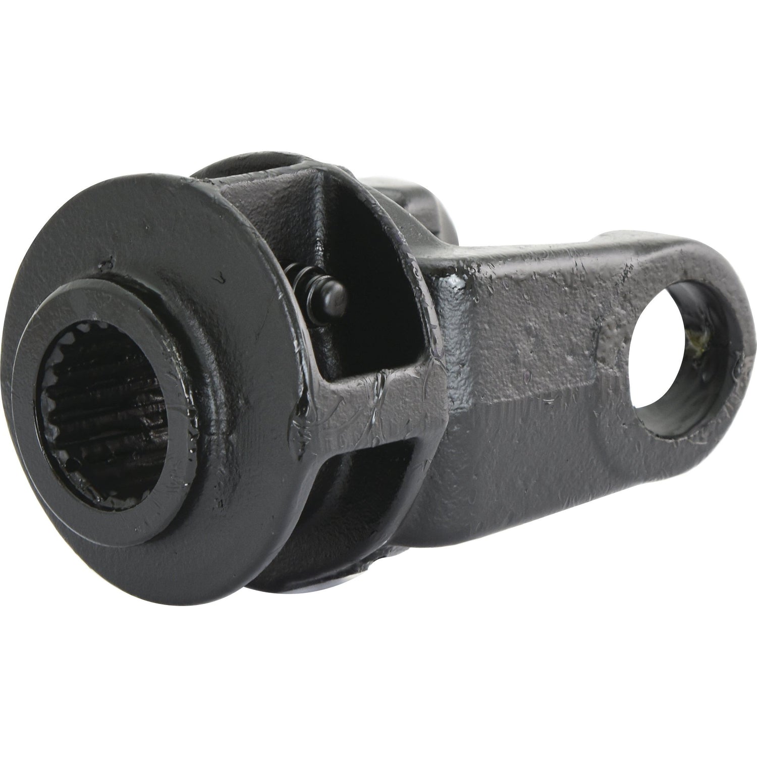 A close-up view of a black metal part from Sparex, named the PTO Yoke - Quick Release (U/J Size: 30.2 x 79.4mm) Size: 1 3/8''-21 Spline (Sparex Part No.S.24263), features a cylindrical section with a ridged interior and a flat extension with a round hole, resembling components found in an SFT S5 Universal Joint.