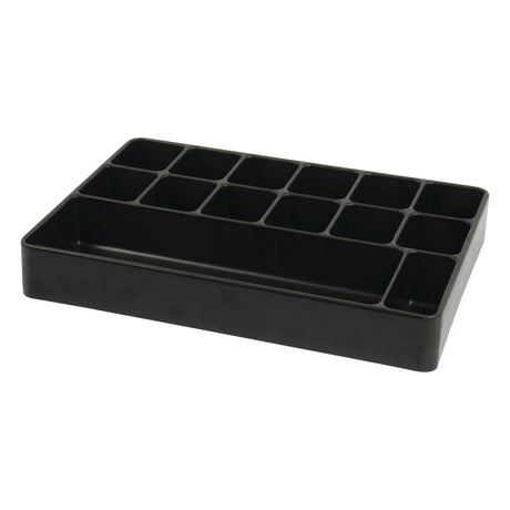 A black plastic condiment organizer tray by Sparex, named BOX INSERT 14 COMPARTMENTS - S.2426, featuring fourteen compartments—twelve small rectangular ones and one larger rectangular compartment.