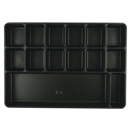 The Sparex BOX INSERT 14 COMPARTMENTS - S.2426 in black plastic offers eleven small rectangular compartments, one large compartment, and two additional slots, providing a total of 14 compartments for versatile storage.