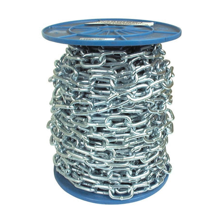 A large coil of Mild Steel Chain with a 6mm x 42mm size and a reel length of 25m (S.2437) from Sparex, featuring a BZP finish, is wrapped around a blue plastic reel.