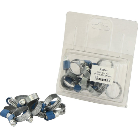 A set of Sparex Agripak hose clips, with a minimum diameter of 12mm and a maximum diameter of 20mm, featuring blue tightening mechanisms is shown. Some clips are inside the transparent packaging labeled with Sparex Part No. S.24384, while others are arranged outside of it.