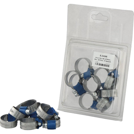 A package of Sparex Hose Clips (Min Ø16mm, Max. Ø22mm, 10 pcs. Agripak) with blue screw adjustments, several of which are scattered in front of the packaging. The label on the package provides detailed product specifications for each hose clip under Sparex Part No.S.24385.