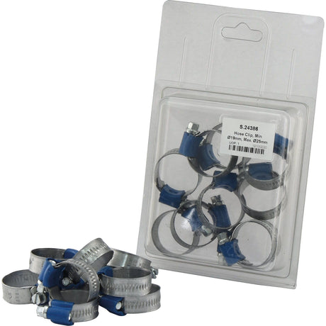 A set of Sparex Hose Clips (Min Ø19mm, Max. Ø25mm, 10 pcs. Agripak) with blue screw mechanisms is shown inside plastic packaging, with a few Worm Drive Hose Clamps placed in front.