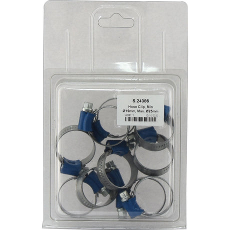 A package of Sparex Hose Clips, part number S.24386, with a minimum size of 19mm and a maximum size of 25mm. These silver Worm Drive Hose Clamps feature blue adjustment mechanisms and come in a pack of 10 under the Agripak label.