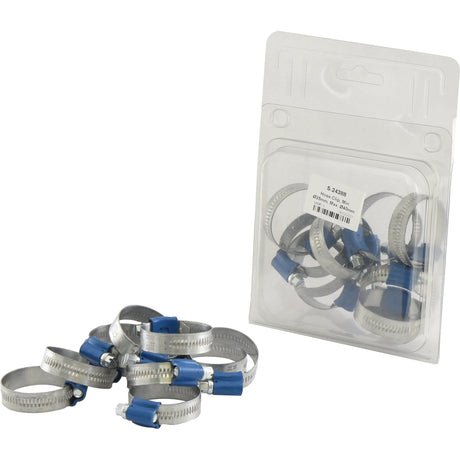 A set of Hose Clips, Min Ø25mm, Max Ø40mm by Sparex (10 pcs. Agripak | Sparex Part No.S.24388), featuring blue tightening mechanisms reminiscent of the Agripak Worm Drive design, next to a transparent plastic packaging containing additional clips.