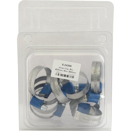 A package of Sparex hose clips with blue screws, labeled "Hose Clip, Min Ø25mm, Max. Ø40mm, 10 pcs. Agripak" (Sparex Part No.S.24388), in clear plastic and cardboard packaging.