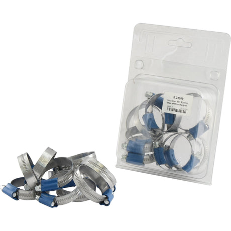 Two groups of Sparex metal hose clips with blue accents; one set is neatly packaged in clear plastic, while the other is scattered outside. These worm drive hose clips, part of the Agripak collection (Sparex Part No. S.24389), offer reliable tightening for various applications and have a minimum diameter of 28mm and a maximum diameter of 45mm. The package contains 10 pieces.