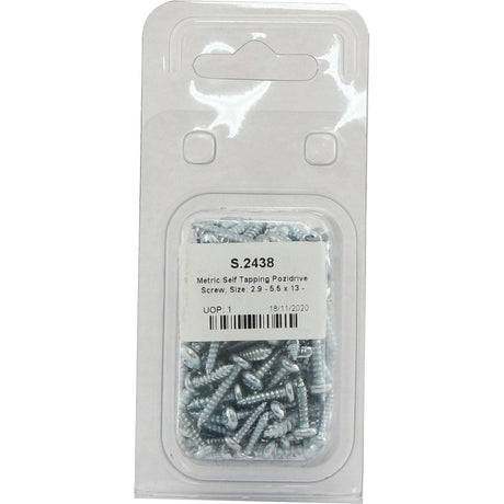 A package labeled Sparex Part No. S.2438 contains metric self-tapping Pozidrive screws, size 2.9-5.5 x 13mm, adhering to DIN 7981B standards.