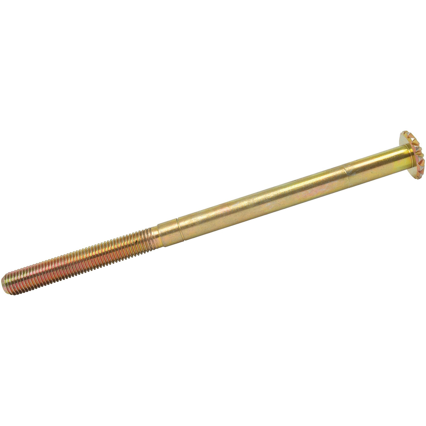 A long, metallic screw with threaded and unthreaded sections, a flat, round head, and thread type UNC such as the Levelling Box Shaft - 3/4 UNC - Splines 15 (Sparex Part No. S.243) by Sparex.