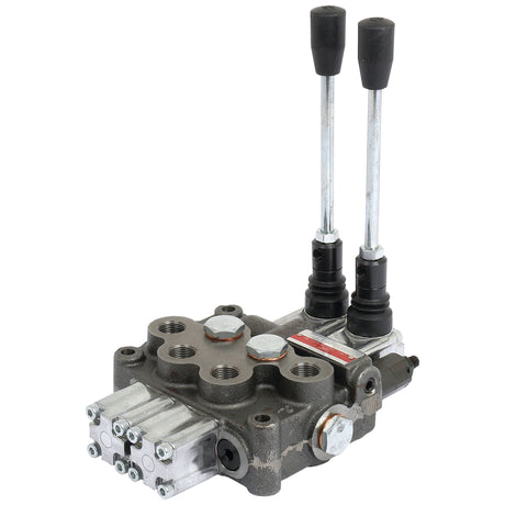 The Sparex Hydraulic Monoblock Valve 3/8'' BSP Ports 2 Bank (45 L/min Flow Rate), Sparex Part No. S.24438, is a metallic component featuring two long levers, multiple input and output ports, and single-acting spools, designed for controlling the flow of hydraulic fluid in machinery.