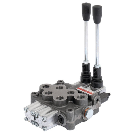 The Sparex Hydraulic Monoblock Valve (Sparex Part No. S.24440) features two black-handled levers, double acting spools, multiple 3/8" BSP connection ports, intricate metal components, and has a flow rate of 45 L/min.