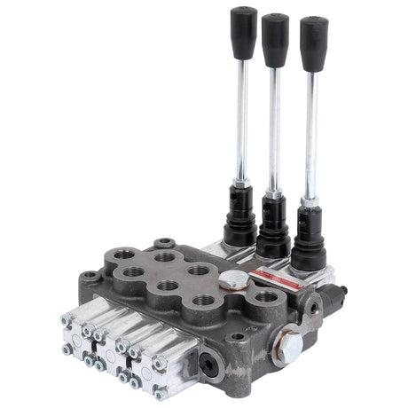 Image of the Sparex Hydraulic Monoblock Valve, featuring three vertical levers, multiple 3/8" BSP ports, and connectors on a metal block. The assembly showcases the relief valve setting and spool mechanism, with a 45 L/min flow rate (Sparex Part No.S.24442).