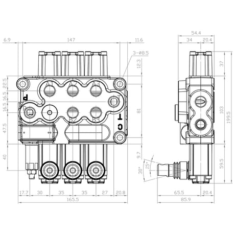 Technical drawing of the Sparex Hydraulic Monoblock Valve 3/8'' BSP Ports 3 Bank (45 L/min Flow Rate) | Sparex Part No. S.24442, showing front and side views, multiple circles and rectangles, including sections for spool placement and relief valve setting, with various lines indicating measurements in millimeters.