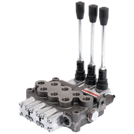 The Sparex Hydraulic Monoblock Valve, featuring double acting spools, three lever handles, and multiple 3/8'' BSP connection ports, offers a maximum working pressure capability and can handle a flow rate of 45 L/min. Available as Sparex Part No.S.24443 under the brand name Sparex.