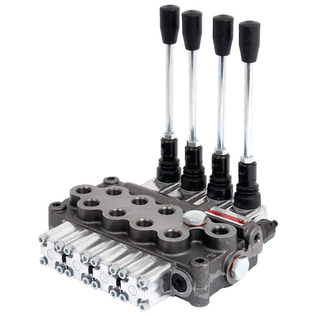 The Sparex Hydraulic Monoblock Valve 3/8'' BSP Ports 4 Bank (45 L/min Flow Rate) by Sparex, part number S.24446, features four lever handles, a spool for precise operation, and multiple ports for fluid flow control to ensure optimal relief valve settings.