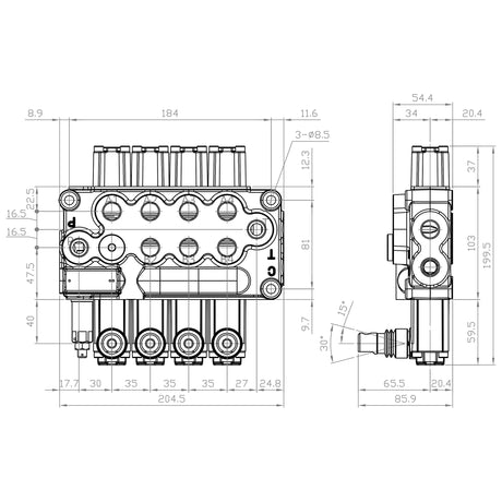 Technical drawing of a Sparex Hydraulic Monoblock Valve 3/8'' BSP Ports 4 Bank (45 L/min Flow Rate) with detailed measurements and dimensions marked in millimeters. The diagram shows multiple views, including the front and side perspectives, as well as the relief valve setting. (Sparex Part No.S.24446).