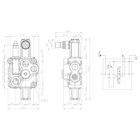 Technical drawing of a mechanical component with detailed dimensions, featuring a hydraulic circuit diagram that includes the Sparex Hydraulic Monoblock Valve 1/2'' BSP Ports 1 Bank (60 L/min Flow Rate), Sparex Part No. S.24455, with single acting spools.