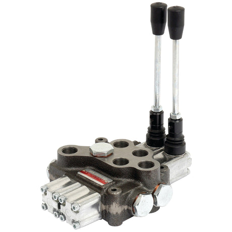 Introducing the Sparex Hydraulic Monoblock Valve 1/2'' BSP Ports 2 Bank (60 L/min Flow Rate), featuring dual vertical levers and a robust metal base with multiple connection ports and secure bolts, offering maximum working pressure for optimal performance. Available at Sparex under Part No. S.24459.