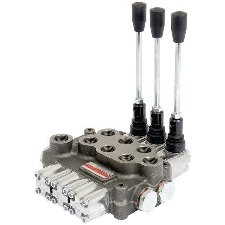 The Sparex Hydraulic Monoblock Valve 1/2'' BSP Ports 3 Bank (60 L/min Flow Rate) | Sparex Part No.S.24462 from Sparex is a robust hydraulic control valve assembly featuring three long, black-handled levers. It includes single/double acting spools, multiple ports for fluid connections, and a durable metal body. The unit is capable of handling a maximum flow rate of 60 LPM and can endure a maximum working pressure of 315 bar.