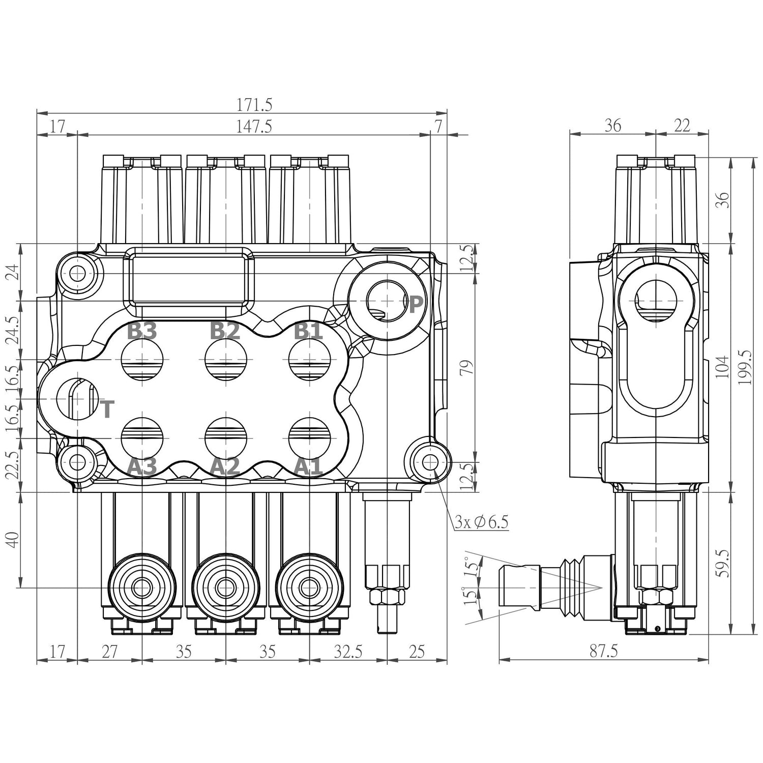 Technical drawing of the Sparex Hydraulic Monoblock Valve 1/2'' BSP Ports 3 Bank (60 L/min Flow Rate), showing front and side views with detailed measurements in millimeters, branded under Sparex, Part No. S.24463.