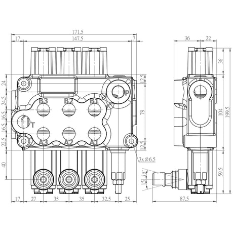 Technical drawing of the Sparex Hydraulic Monoblock Valve 1/2'' BSP Ports 3 Bank (60 L/min Flow Rate), showing front and side views with detailed measurements in millimeters, branded under Sparex, Part No. S.24463.