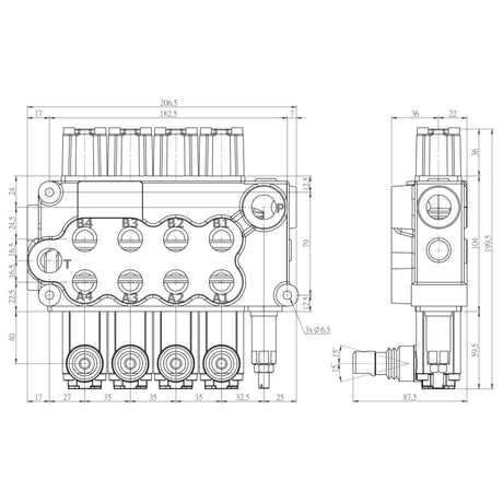 Technical drawing of a Sparex Hydraulic Monoblock Valve 1/2'' BSP Ports 4 Bank (60 L/min Flow Rate) with detailed measurements, components shown from different angles, and the relief valve setting clearly indicated. (Sparex Part No.S.24467)