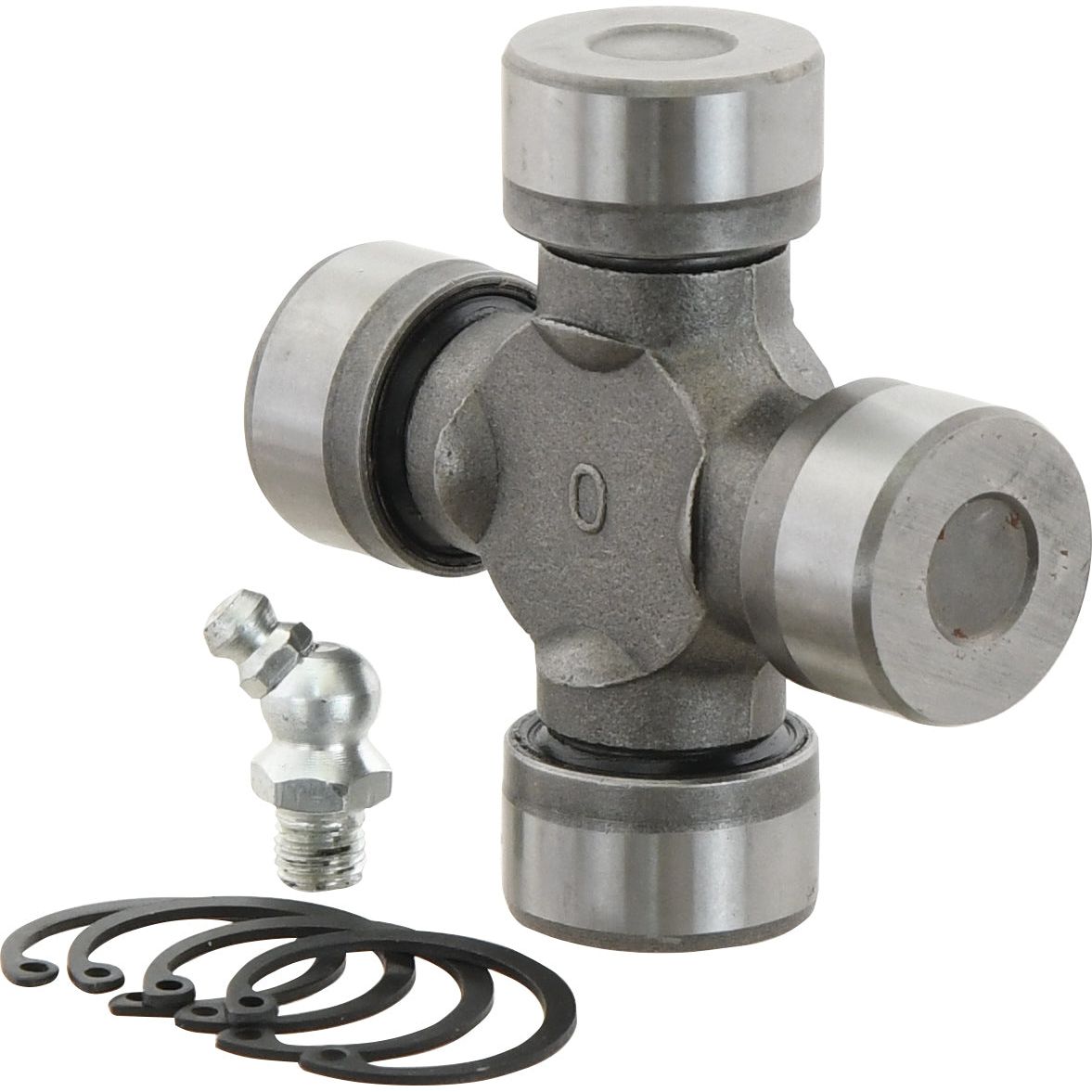 Image of a Sparex Universal Joint - 27 x 74.5mm (Standard Duty) (Sparex Part No. S.2448) with four bearings, a grease fitting, and retaining clips arranged in the foreground on a white background.