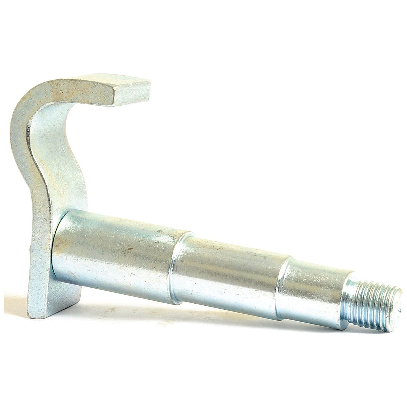 A metal industrial component, identified by the part number Sparex S.24547, features an L-shaped hook on one end and threading on the other. It is compatible with Ford New Holland tractors and named the Lower Link Implement Pin Dual Thread Size Cat.