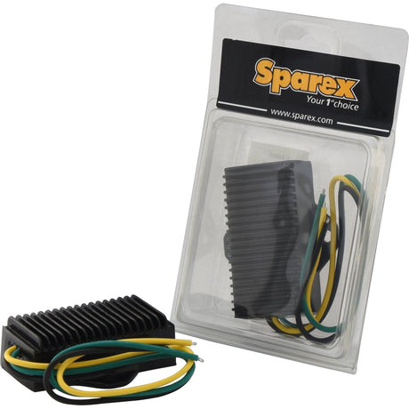 A packaged electronic component with a black casing and attached yellow and green wires is shown next to an identical unpackaged component. The packaging is labeled "Sparex," identifying it as a Bulb Out Load Device, 12V (Sparex Part No.S.24550), which ensures minimal current drawn for superior efficiency.