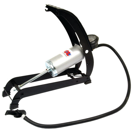 The Foot Pump Single Barrel (Sparex Part No.S.24589) by Sparex features a sleek black design with a silver cylinder and an attached pressure gauge. A long black hose extends from the pump, making it perfect for all your inflation needs.