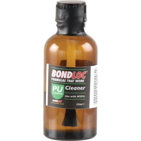 A 25ml amber bottle of Cleaner from the PU Windscreen Installation Kit (Sparex Part No.S.24636) by Sparex, featuring a black screw cap and labeled "FORMULAS THAT WORK," for use with the PU Windscreen Installation Kit.