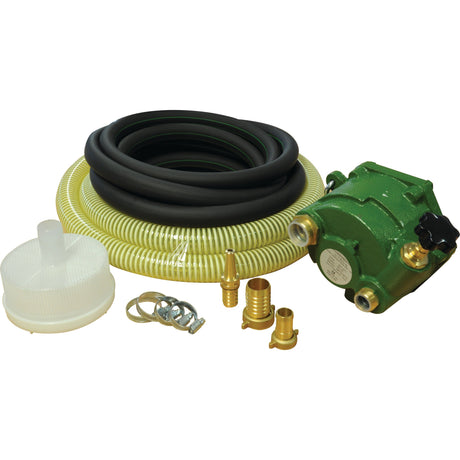 A Sparex PTO Driven Pump Kit (S.24646) in green, featuring hoses, a filter, hose clamps, and fittings, displayed on a white background.