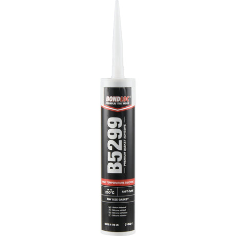 Here is the rewritten sentence using the provided product data:

A Sparex Silicone Sealant, High Temperature B5299 - 310ml (S.24660) tube with a pointed nozzle for application. The black tube, detailed in white text, provides specifications and usage instructions. Ideal as a sealant for creating durable gaskets.