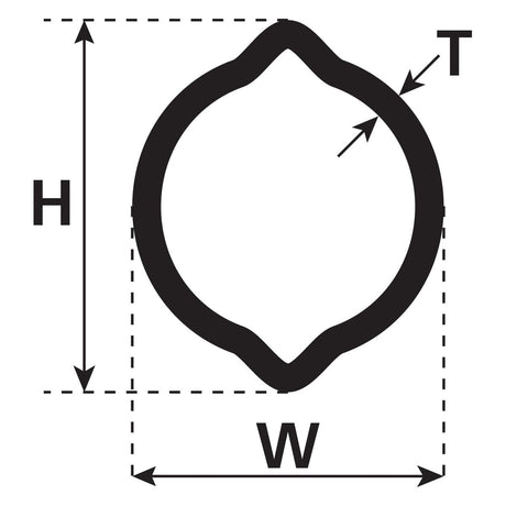 Diagram of a geometric shape resembling a mechanical seal, labeled with height (H), width (W), and thickness (T). The design is termed the "PTO Tube - Lemon Profile" (S.24703) by Sparex due to its unique profile, and has a length of 1M (Ooa).