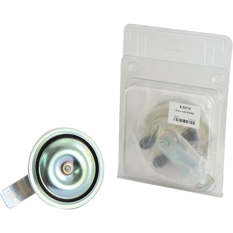 A metal circular component with a bracket, along with its packaged version in a clear plastic enclosure featuring a label, under the product name Horn-12V-A'PAK - S.24710 from Sparex, boasting 12V power and 105dB sound output.