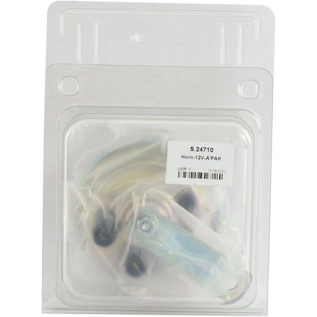 A packaged 12V horn in a clear plastic hanging display with a label reading Horn-12V-A'PAK - S.24710 by Sparex, featuring a waterproof design and emitting an impressive 105dB sound level.