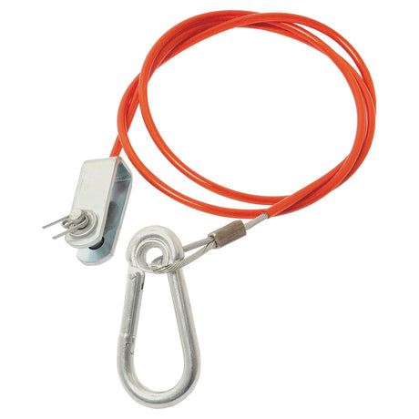 The Sparex Trailer Emergency Brake Cable 100mm (Sparex Part No. S.24731) is a versatile, heavy-duty cable featuring a red coating, a metal clamp on one end, and a large metallic hook on the other. This tool is perfect for securing or tethering objects and ideal for towing vehicles or serving as a trailer brake cable.