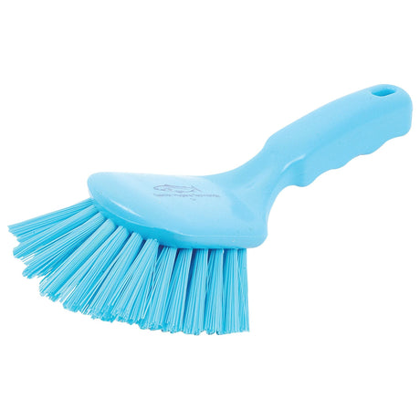 A blue handheld Brush | Sparex Part No.S.24768 from the brand Sparex, featuring stiff, angled bristles and a textured handle.