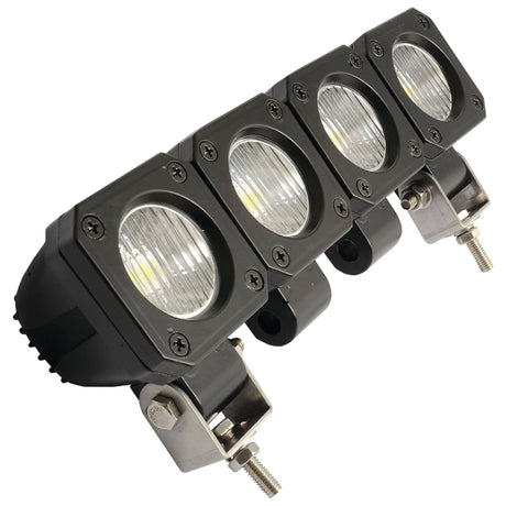 The Sparex LED Work Light (S.24775) features four rectangular lamps with aluminium housing and metal mounting brackets, delivering 750 lumens of raw light output. This black quad LED light bar is rated IP67 for enhanced durability, operating within a voltage range of 10-80V.