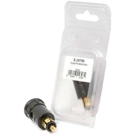 A packaged plug and an individual plug are displayed. The package is labeled "Auxiliary 2 Pole Male Jack Plug Agripak | Sparex Part No.S.24798." The black plug with a metal tip is part of the Sparex Agripak range, specifically featuring an Auxiliary 2 Pole Male Jack Plug design.