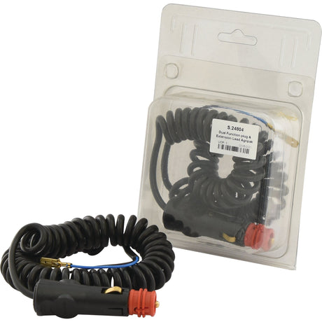 Coiled car charger cable with a Dual Function Plug and Extension Lead (Agripak 1 pc.), branded Sparex, Part No. S.24804, shown outside and within a clear plastic package labeled "3.2408.