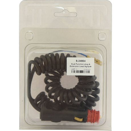 Image of a packaged dual function plug and extension lead (Agripak 1 pc.) with a coiled cord. The label on the packaging reads "Sparex Part No. S.24804 Dual Function Plug & Extension Lead Agripak U02.