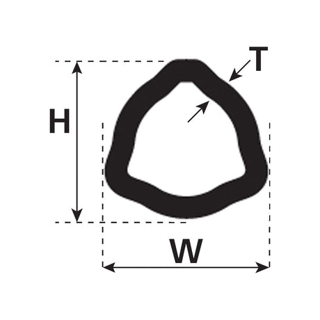 Diagram of a triangular seal with dimension labels: height (H), width (W), and thickness (T). The seal exhibits curved sides, resembling the Sparex PTO Tube - Triangle Profile (12503) - S.24810, 1 meter in length.