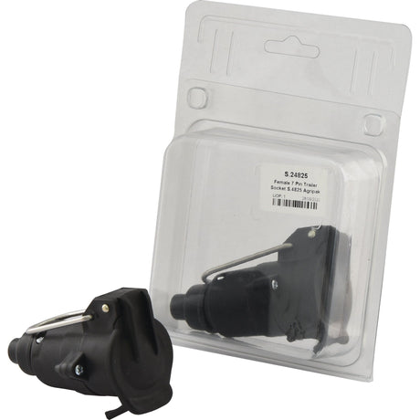 A black Female 7 Pin Trailer Socket S.4825 Agripak by Sparex, featuring a lid and a metal clip, is showcased inside clear Agripak plastic packaging and also displayed separately in front of the packaging.