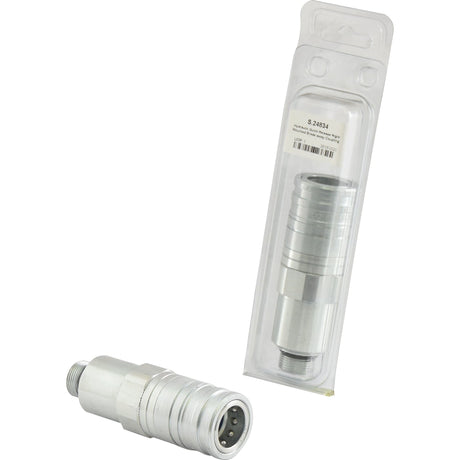 A Sparex Quick Release Hydraulic Coupling Female 1/2'' Body x M22 x 1.50 Metric Male Thread (Agripak 1 pc.) is displayed packaged alongside an identical unpackaged M22 x 1.50 connector. Both connectors are cylindrical in shape and feature multiple pins. The packaging includes a label with a barcode and product details, bearing the Sparex Part No.S.24834 identification.