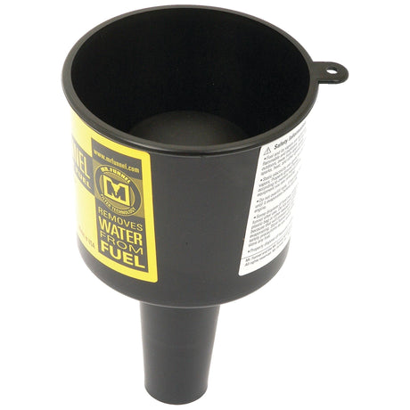 A black Anti Contamination Funnel (Mr Funnel) 9.5LPM from Sparex (Part No. S.24882), featuring a yellow label with the text "Removes Water from Fuel" and various instructions on the side, suitable for gasoline, diesel, and kerosene fuel types.