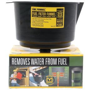 A black Anti Contamination Funnel (Mr Funnel) 45.5LPM, identified as Sparex Part No.S.24885, is showcased on its packaging box with the prominent label "Removes Water From Fuel." The box features images and text detailing the heavy-duty portable funnel's ability to efficiently filter out water, dirt, and debris.