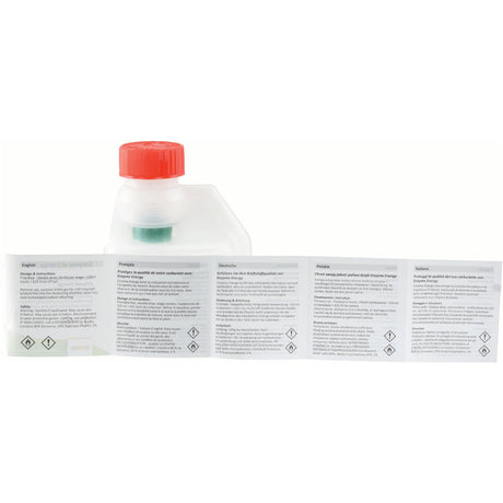 A white plastic container labeled "Enzyme Energy Fuel Treatment 125ml - S.24893" from Sparex, featuring a red cap, is displayed next to an unfolded instruction pamphlet available in multiple languages. The pamphlet includes hazard symbols and safety instructions pertinent to fuel contamination.